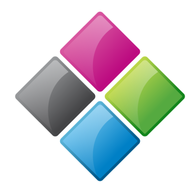 A black background with four colored squares in the middle.